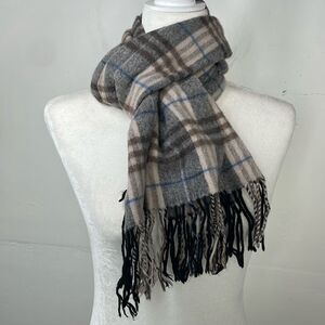 Enya Mantanani Plaid Wool Cashmere Rectangular Scarf with Fringe